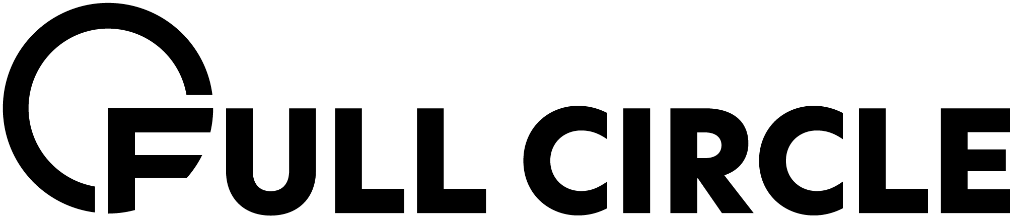 Logo with the words "FULL CIRCLE" in bold, uppercase letters. The letter "F" is stylized with a semicircular line forming the top part, resembling a circle being drawn.