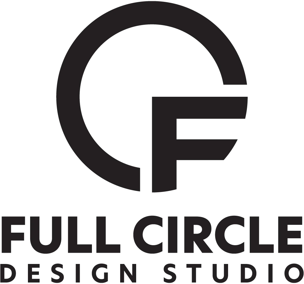 A bold black logo features the letters “C” and “F” combined inside a circle. Below, the text reads “FULL CIRCLE DESIGN STUDIO” in uppercase, black, sans-serif font.