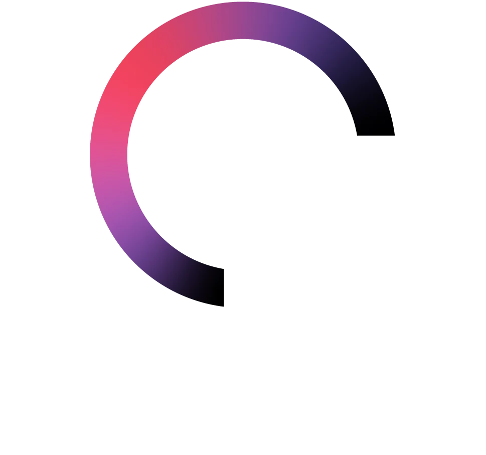 A gradient arc, fading from red to purple to black, forms about three-quarters of a circle on a white background, with a gap at the top right and lower left.