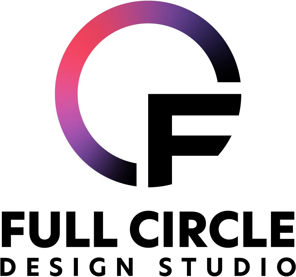 Logo for "Full Circle Design Studio" featuring a stylized letter "F" integrated into an open circular gradient shape above bold black text spelling the studio name.