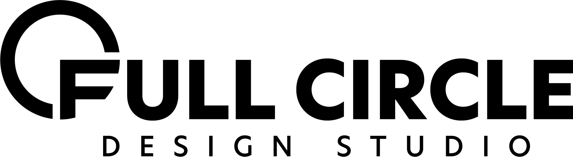 Logo for Full Circle Design Studio. “FULL CIRCLE” is written in bold, black uppercase letters. The "F" incorporates a circular graphic. Below, “DESIGN STUDIO” appears in smaller, spaced-out letters.