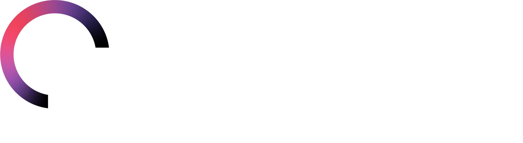 A thick, open semicircle gradient line transitioning from red to purple to black on a white background, positioned on the left side of the image.