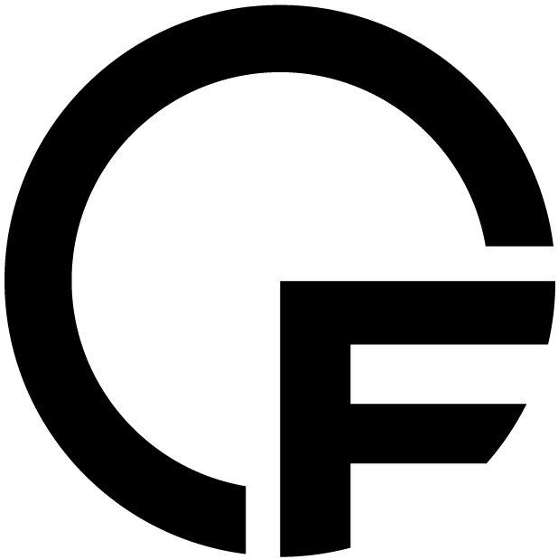 A bold black circular logo with a vertical gap at the bottom left and the letter "F" integrated into the right side of the circle, creating a modern, geometric design.