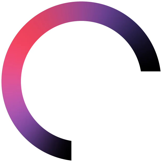 A thick, incomplete ring with a gradient from pink to purple to black, forming a three-quarters arc on a white background. The top right and bottom left sections are missing, giving a sense of motion or loading.
