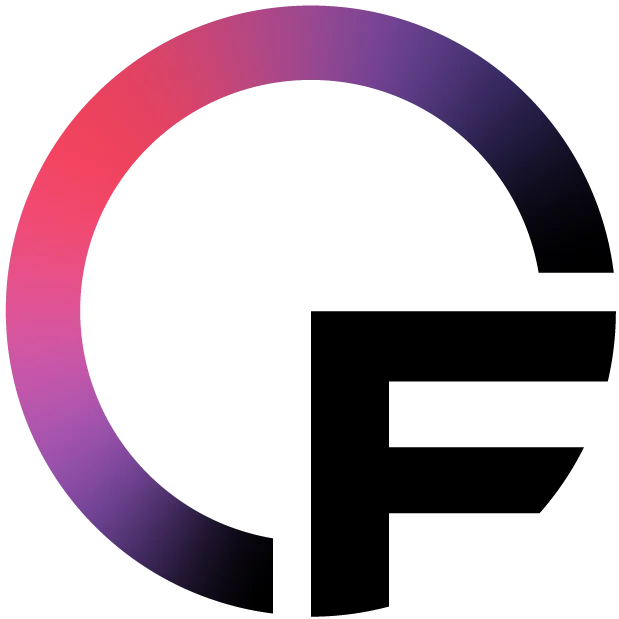 A stylized logo featuring a bold black letter "F" with a partially open circular ring in a gradient color transitioning from pink to purple, forming the left side of the "F." The design is simple and modern.