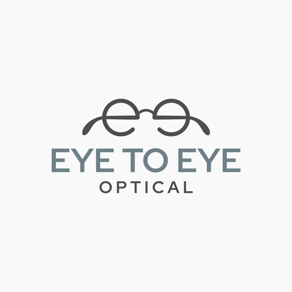 Stylized eyeglasses above the text "EYE TO EYE OPTICAL" in gray and blue letters on a white background.