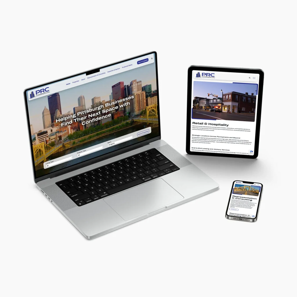Laptop, tablet, and smartphone displaying the PRC website featuring commercial real estate services with a cityscape background.
