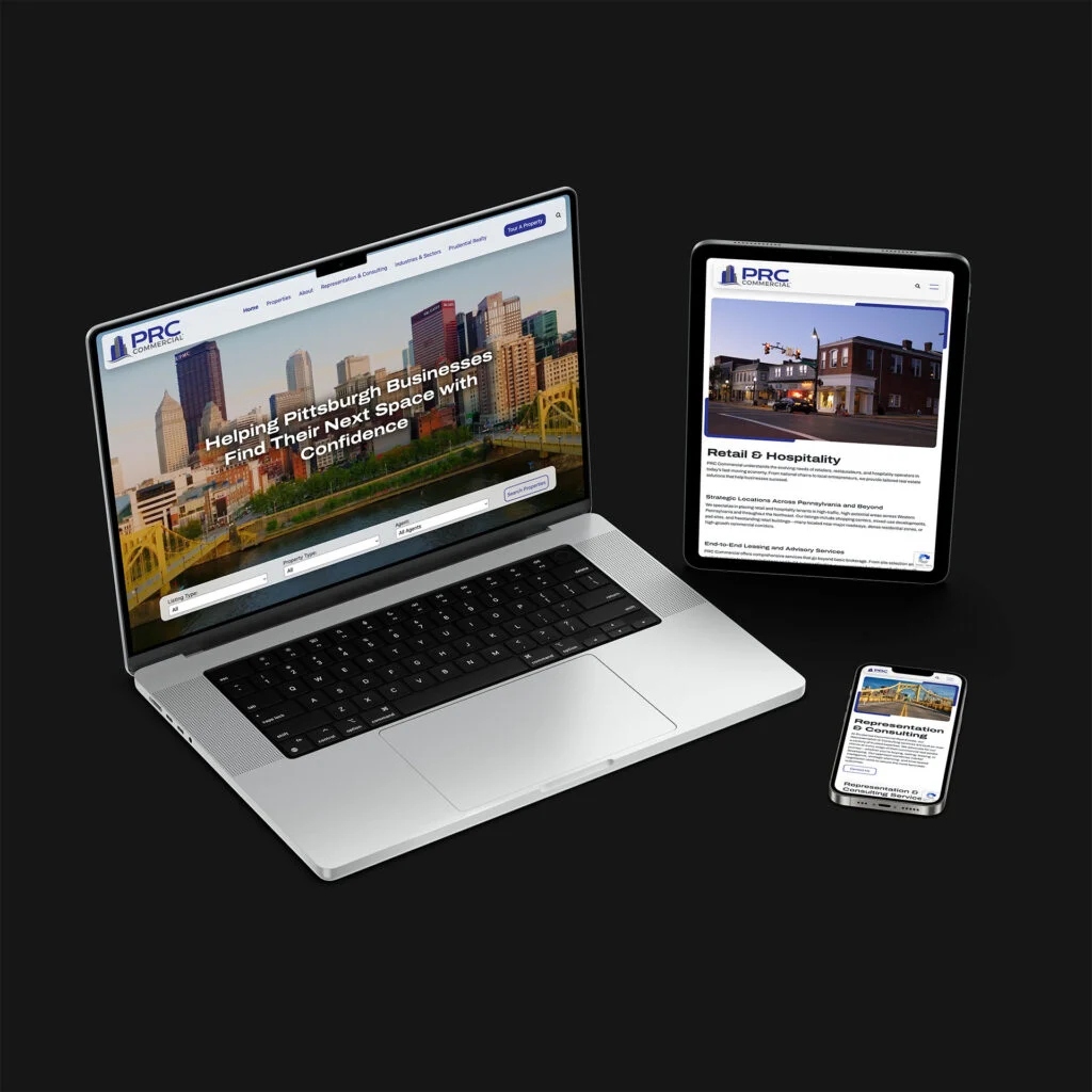 Laptop, tablet, and phone display PRC Commercial website featuring real estate services in Pittsburgh.
