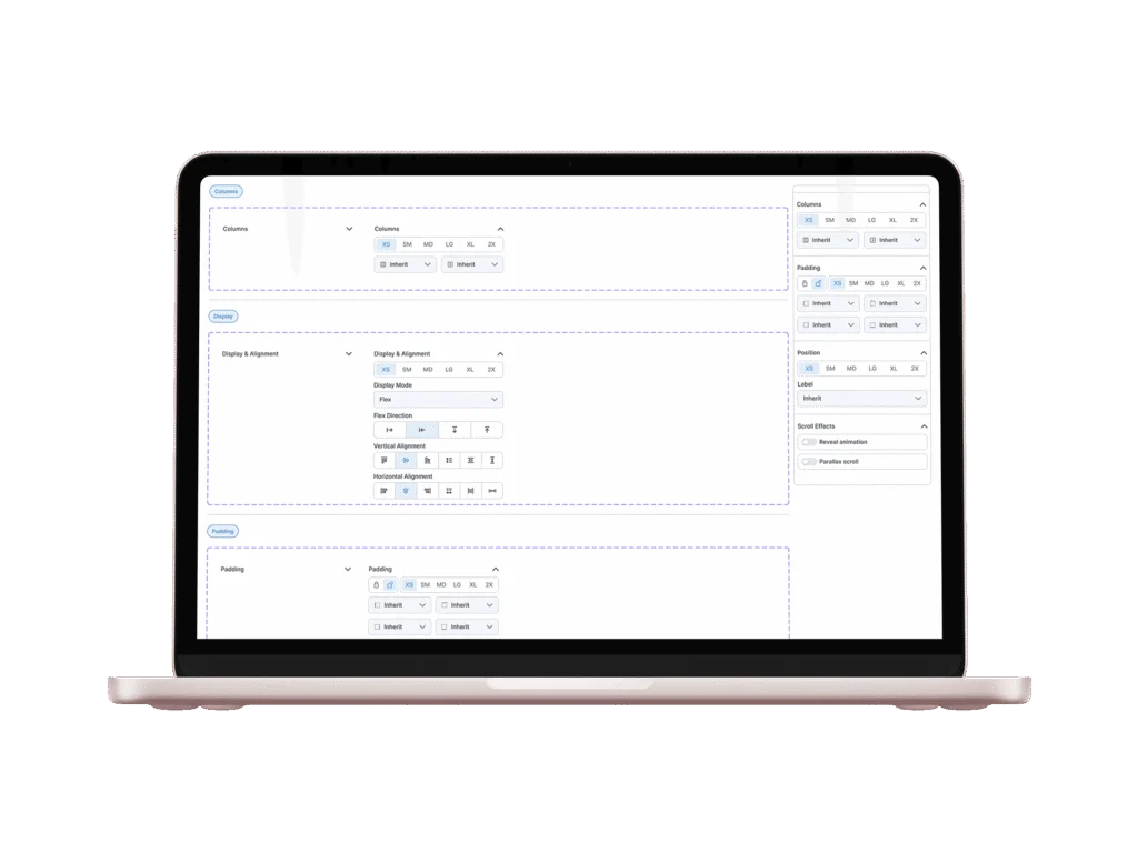 Screenshot of a UI design tool on a laptop, showing column and display panels with purple dashed layout boxes.