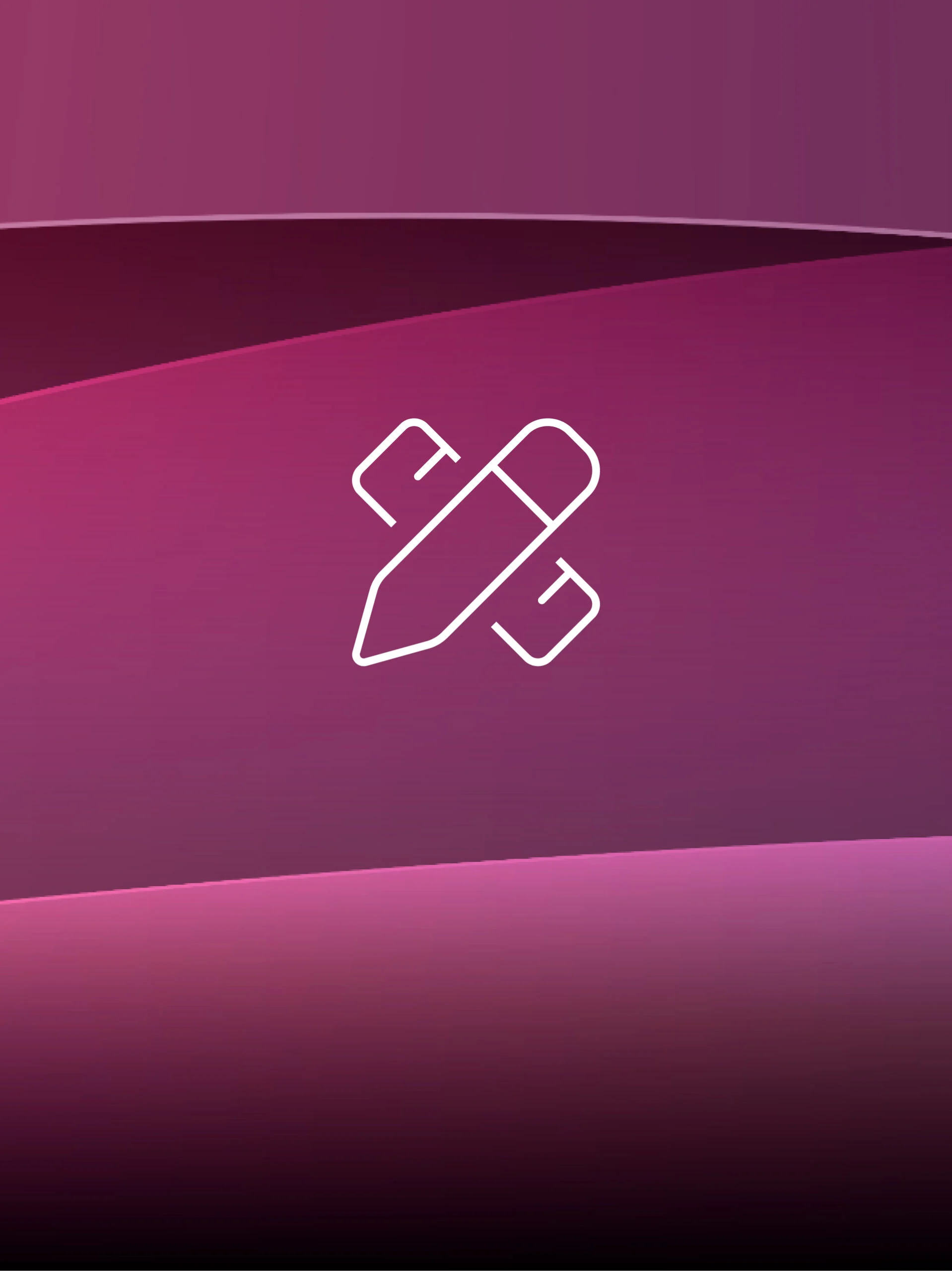 Abstract purple gradient background with a white outline icon of two stylized pens/pencils.
