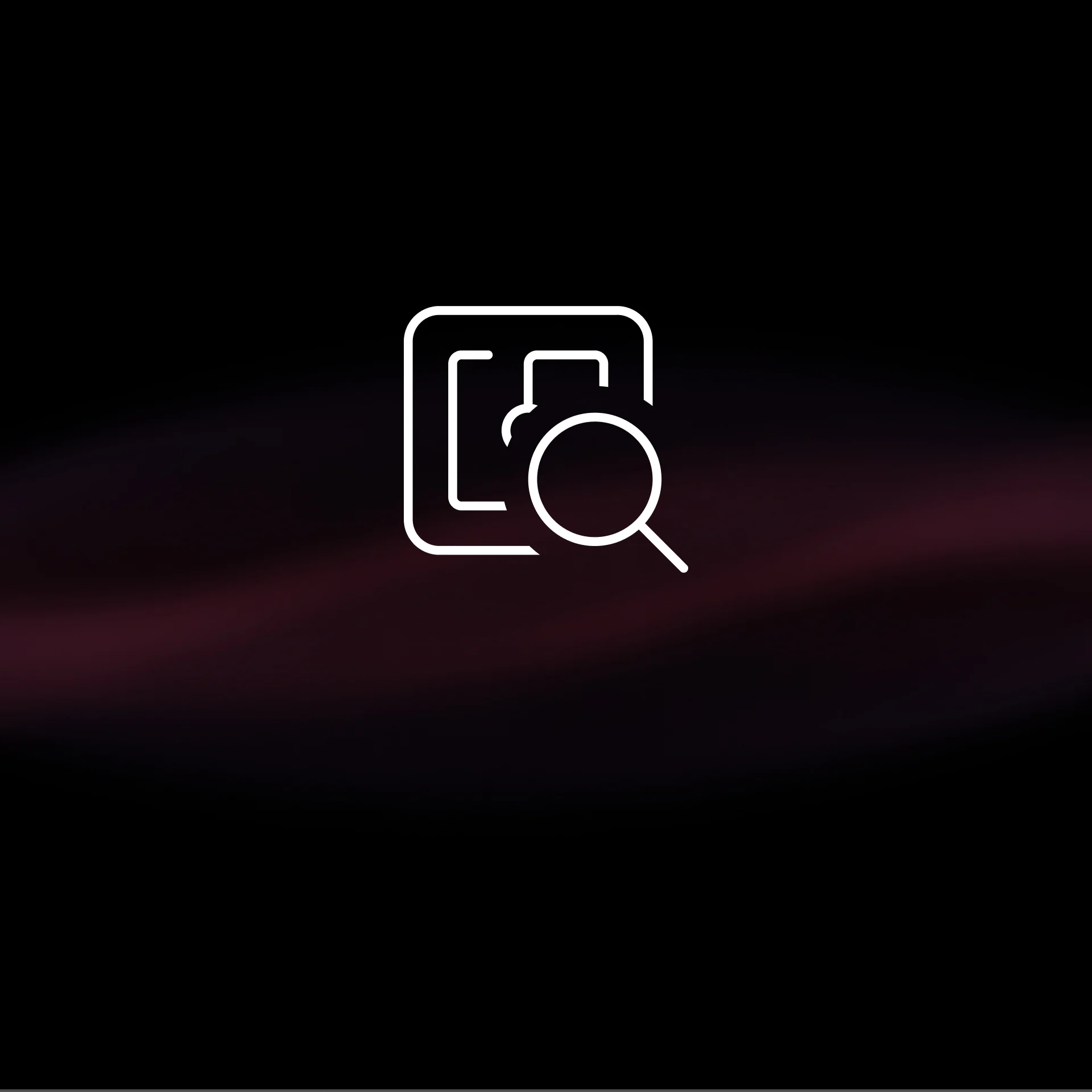 Abstract logo: white magnifying glass inside a rounded square on a dark gradient background.