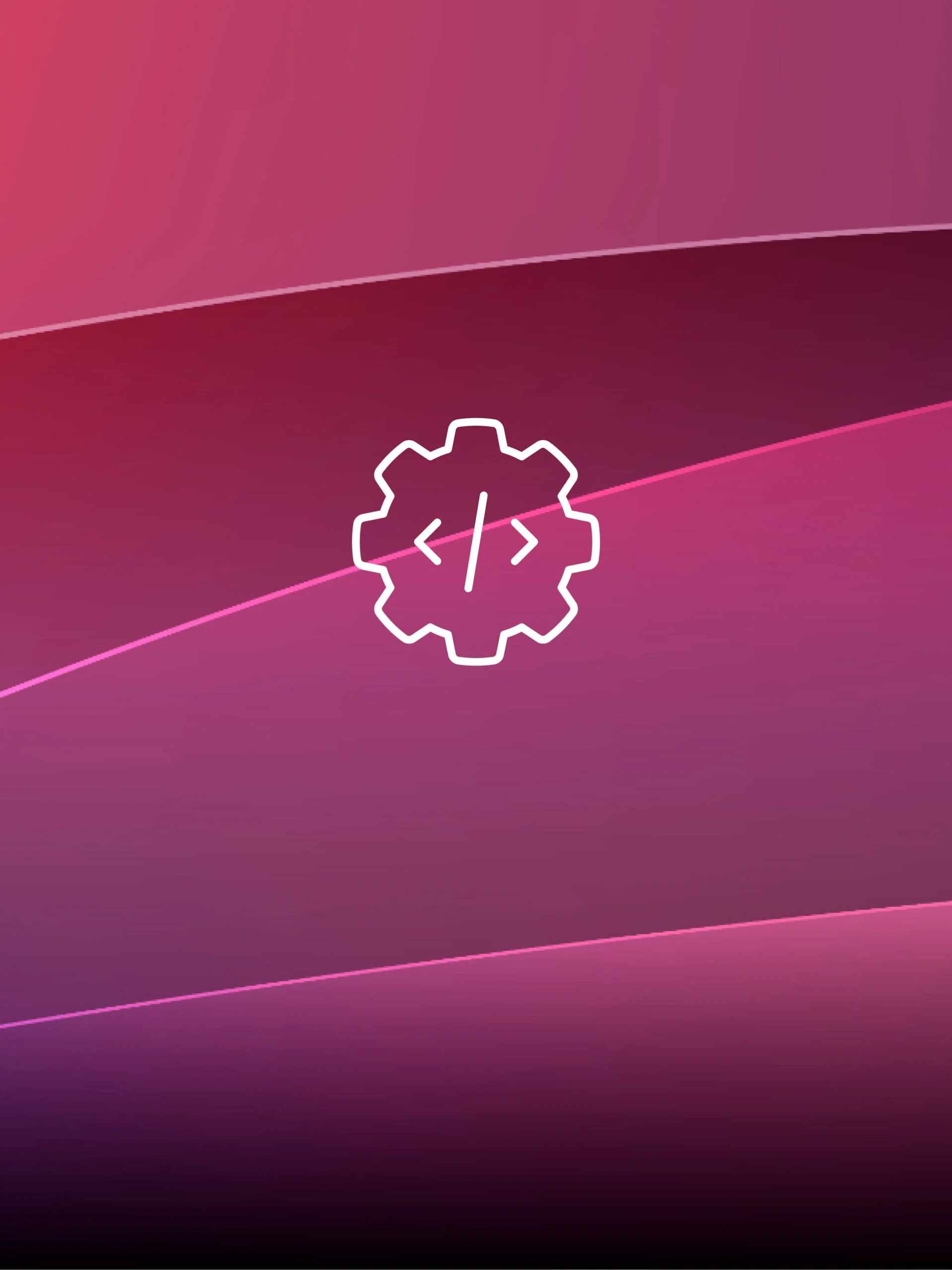White gear icon with in the center on a pink gradient abstract background, suggesting code settings or development tools