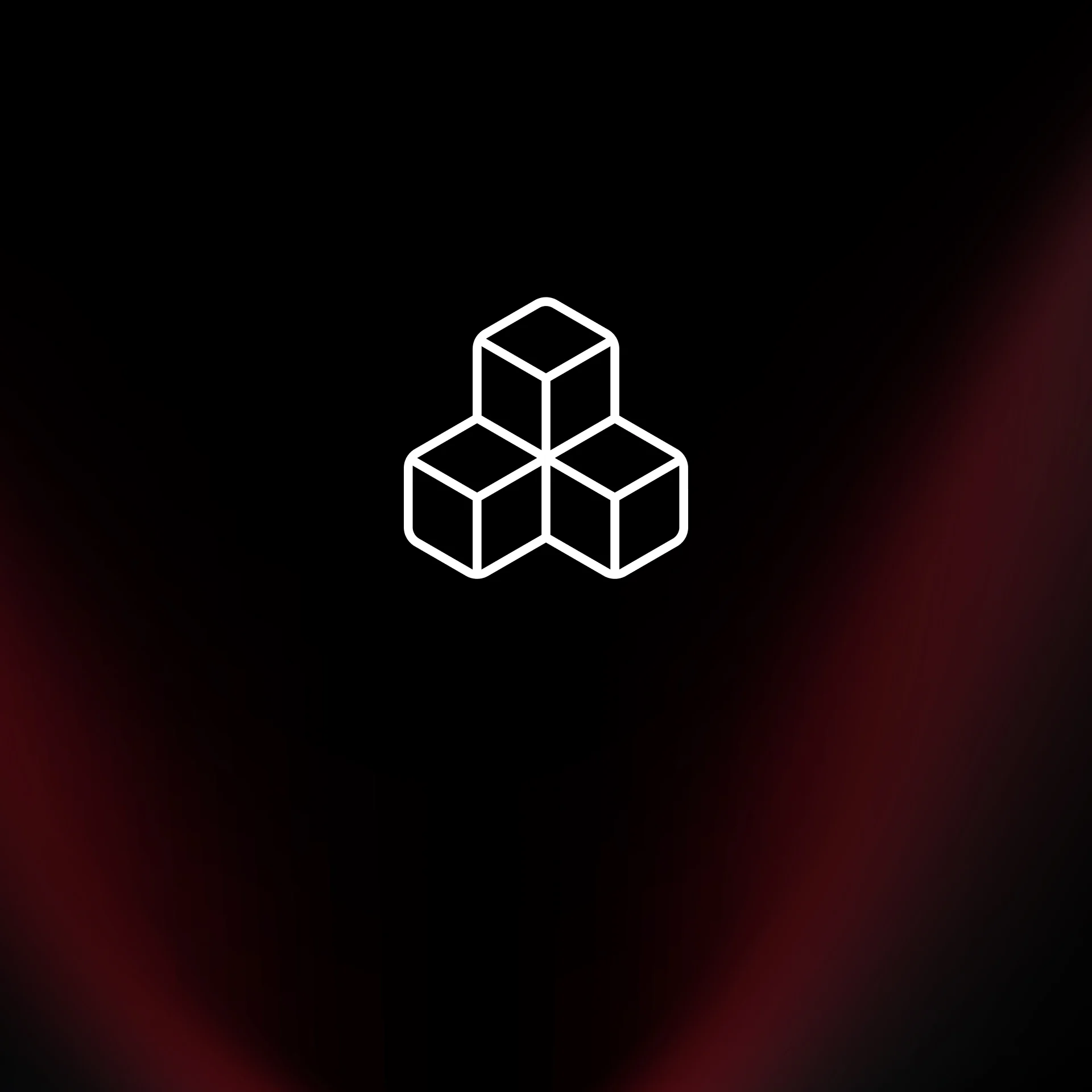 White outlined isometric cubes forming a stacked cluster against a black-to-red gradient background, centered toward the bottom.