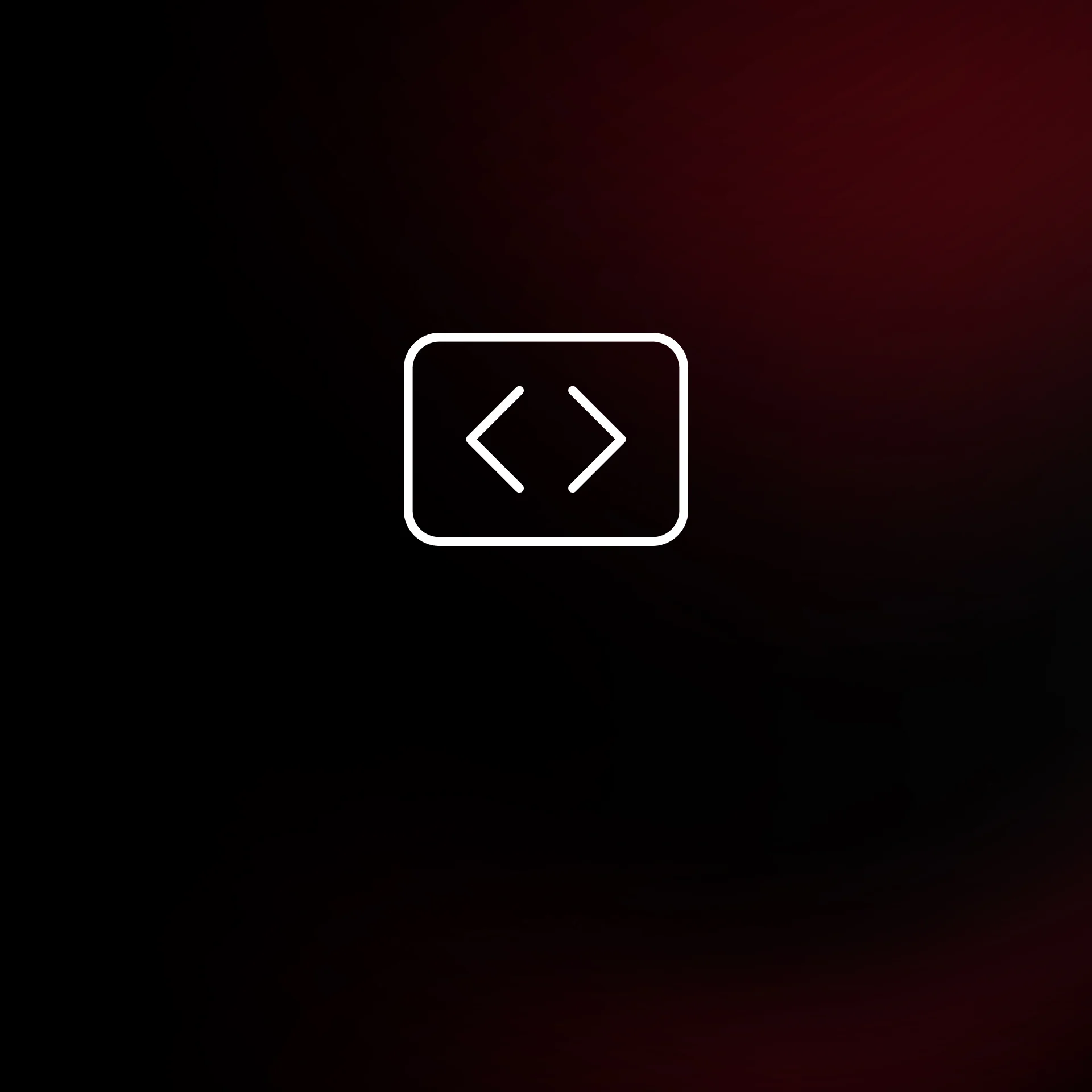 White rounded-square icon with a code brackets symbol on a dark red to black gradient background, representing code or development.